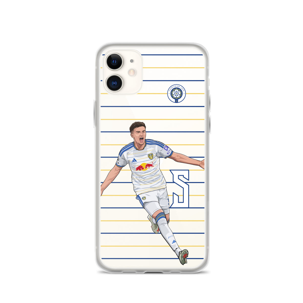Clear iPhone case with soccer player graphic on blue and yellow horizontal stripes