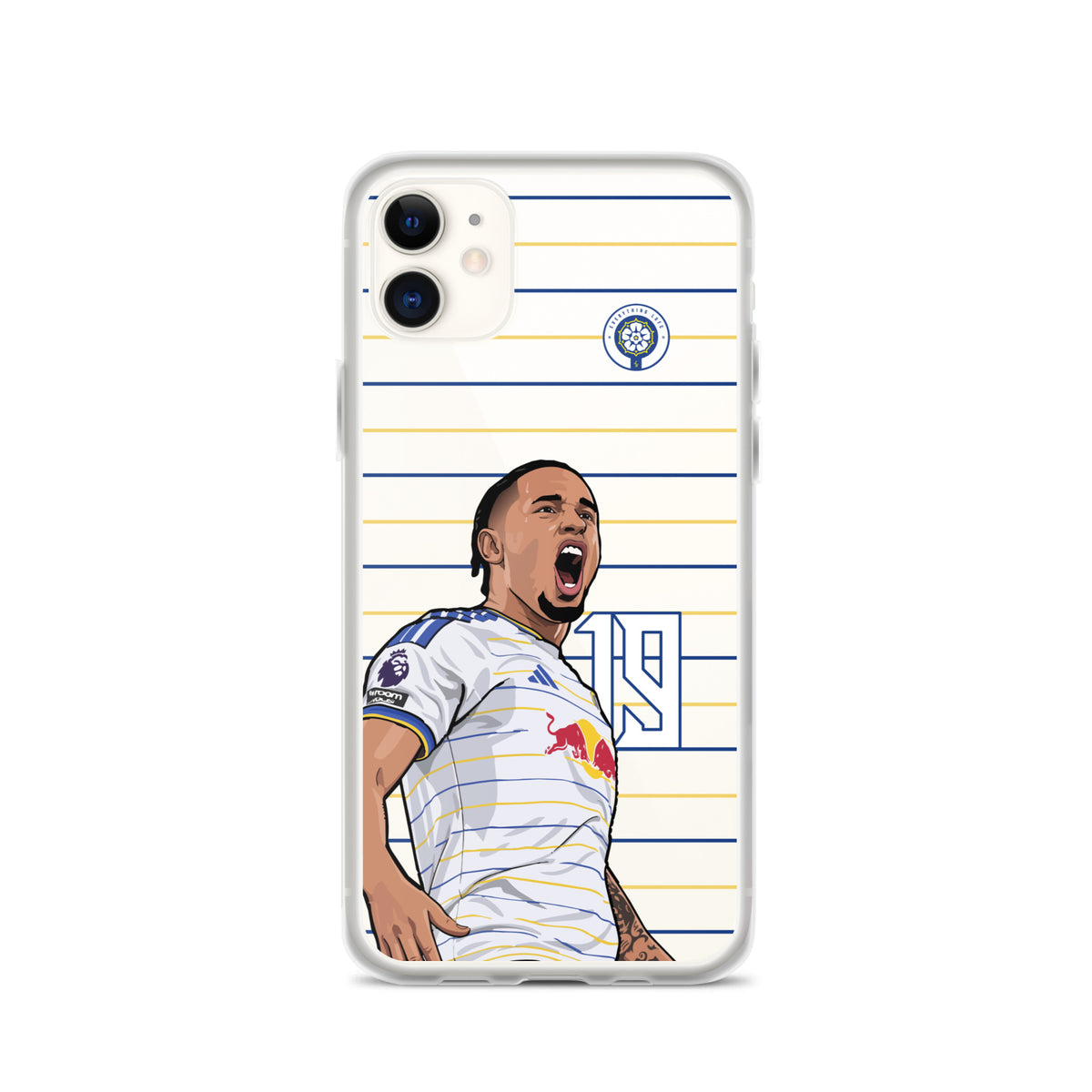 Clear iPhone case with Okafor cheering graphic over blue-and-gold striped backdrop