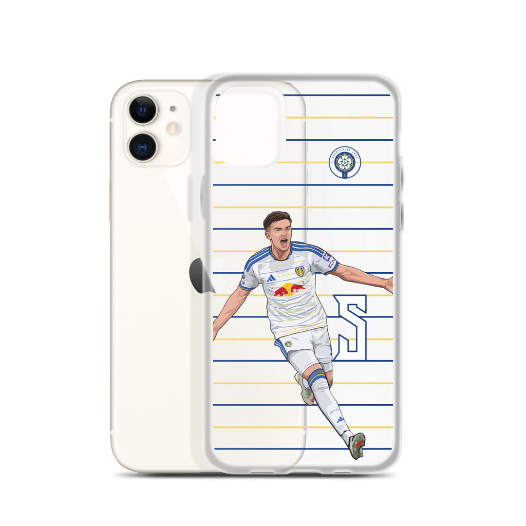 Clear iPhone case with soccer player celebration graphic and blue-yellow stripes