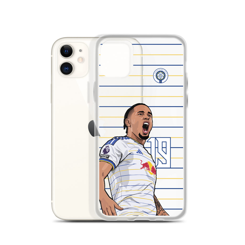 Clear iPhone case with Okafor celebrating image and club crest on blue-and-gold stripes