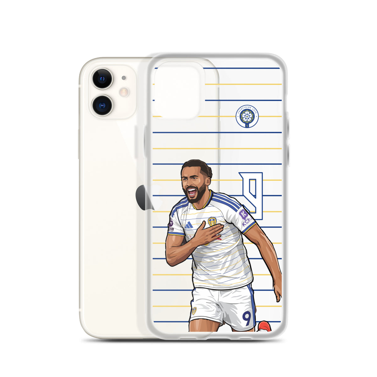 Clear iPhone case with Dominic Calvert-Lewin graphic on stripe background