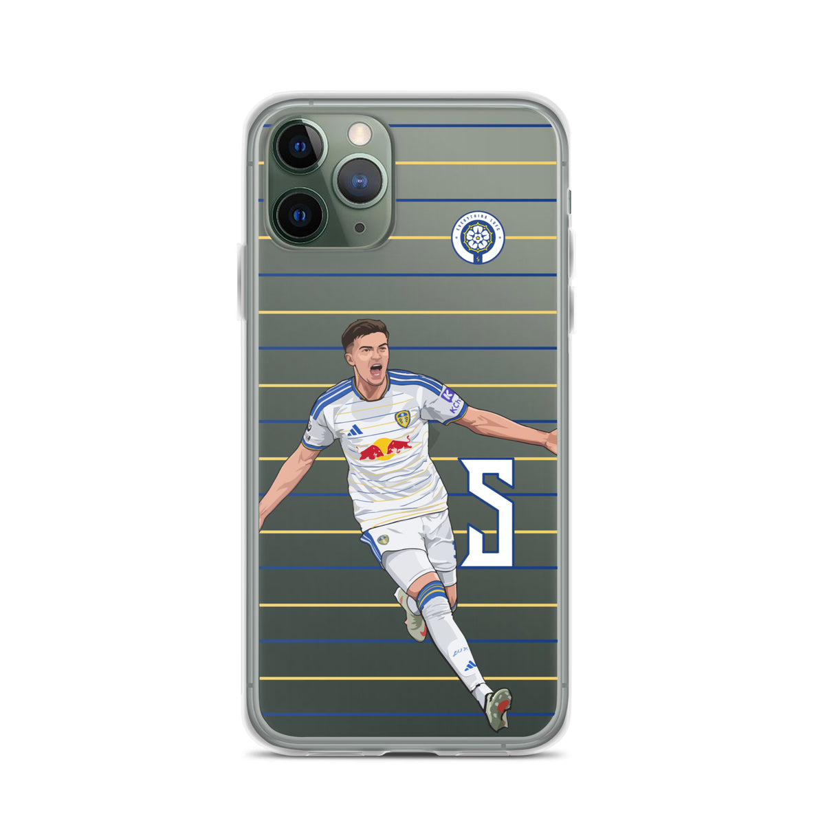 Clear iPhone case with soccer player graphic on blue and yellow stripe pattern
