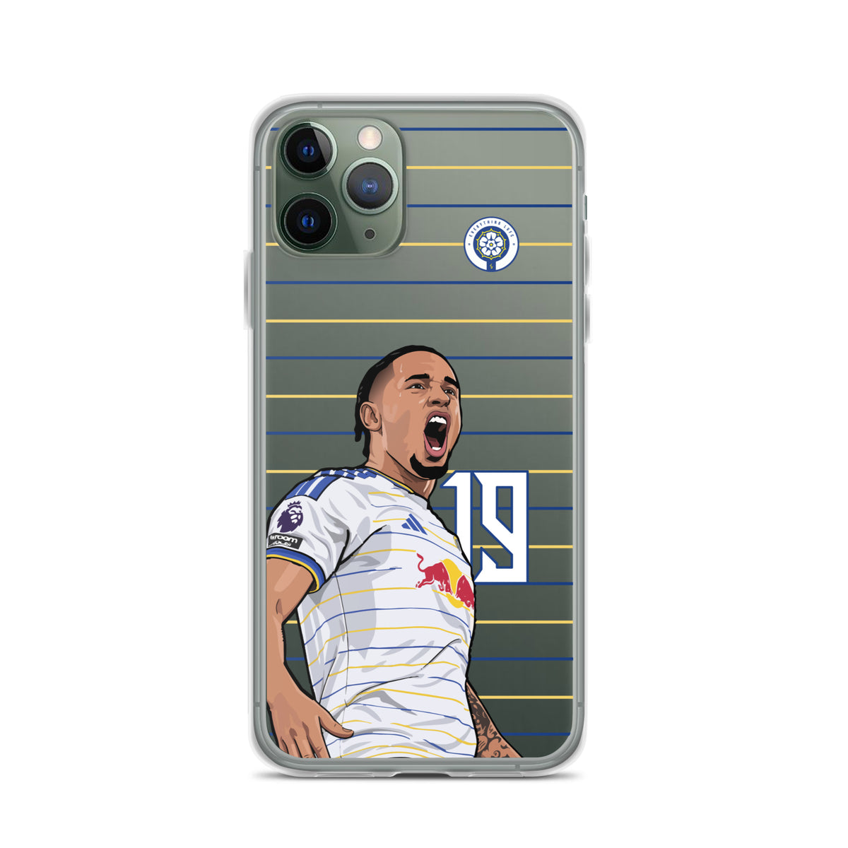 Clear iPhone case with Okafor celebration artwork and blue-and-gold horizontal stripe pattern