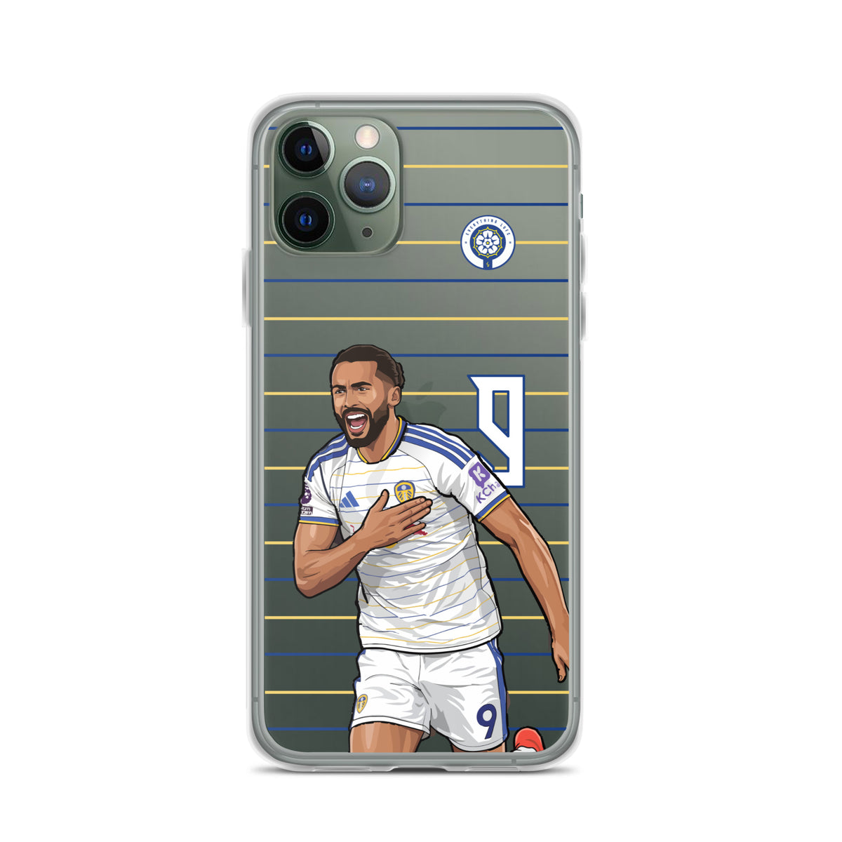 Clear iPhone case showing Dominic Calvert-Lewin full-body graphic