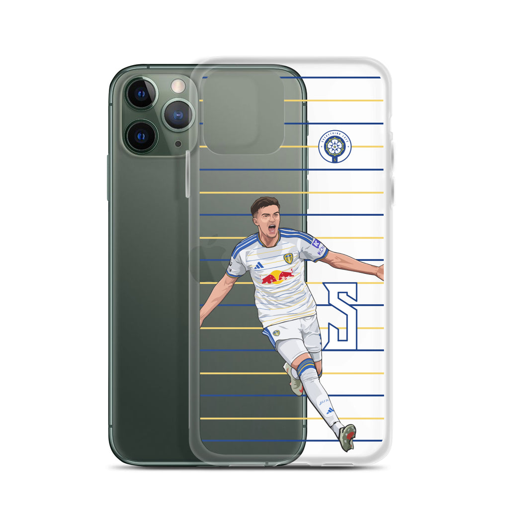 Clear iPhone case shown with dark green phone back; soccer player graphic and stripes