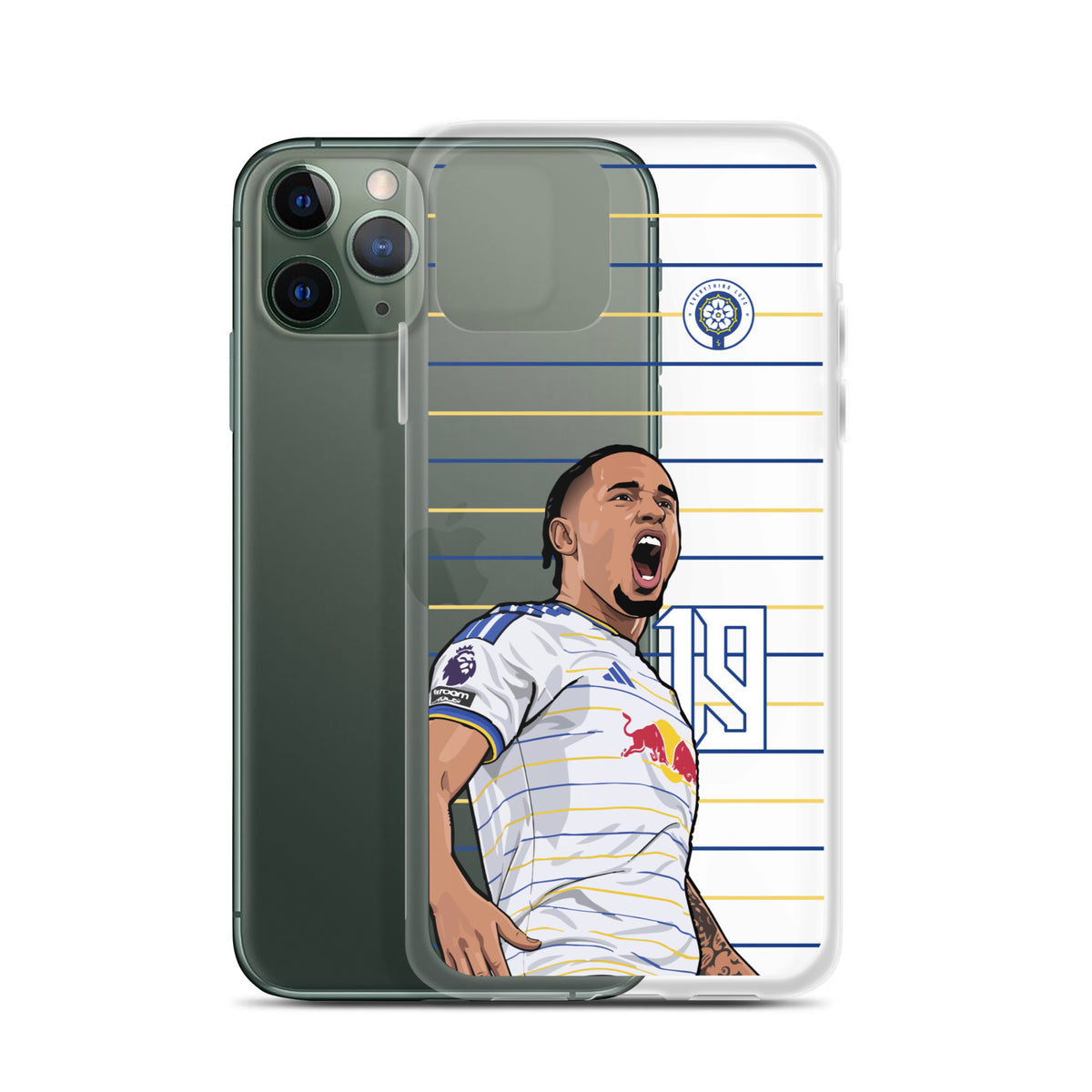 Clear iPhone case showing Okafor in white kit on blue-and-gold striped design