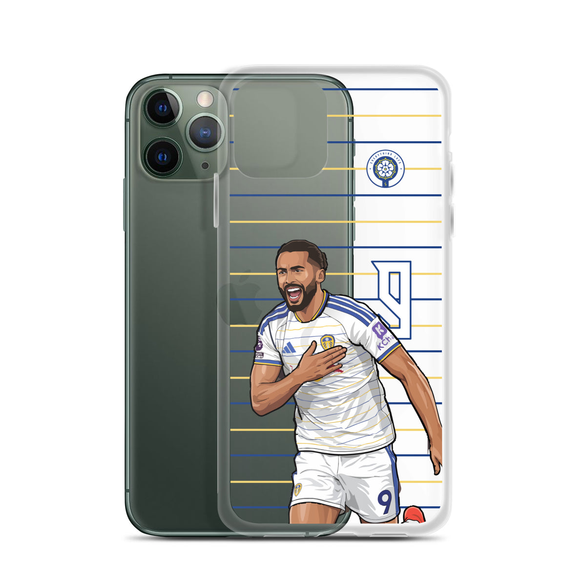 Clear iPhone case with soccer player graphic and blue-and-yellow striped pattern