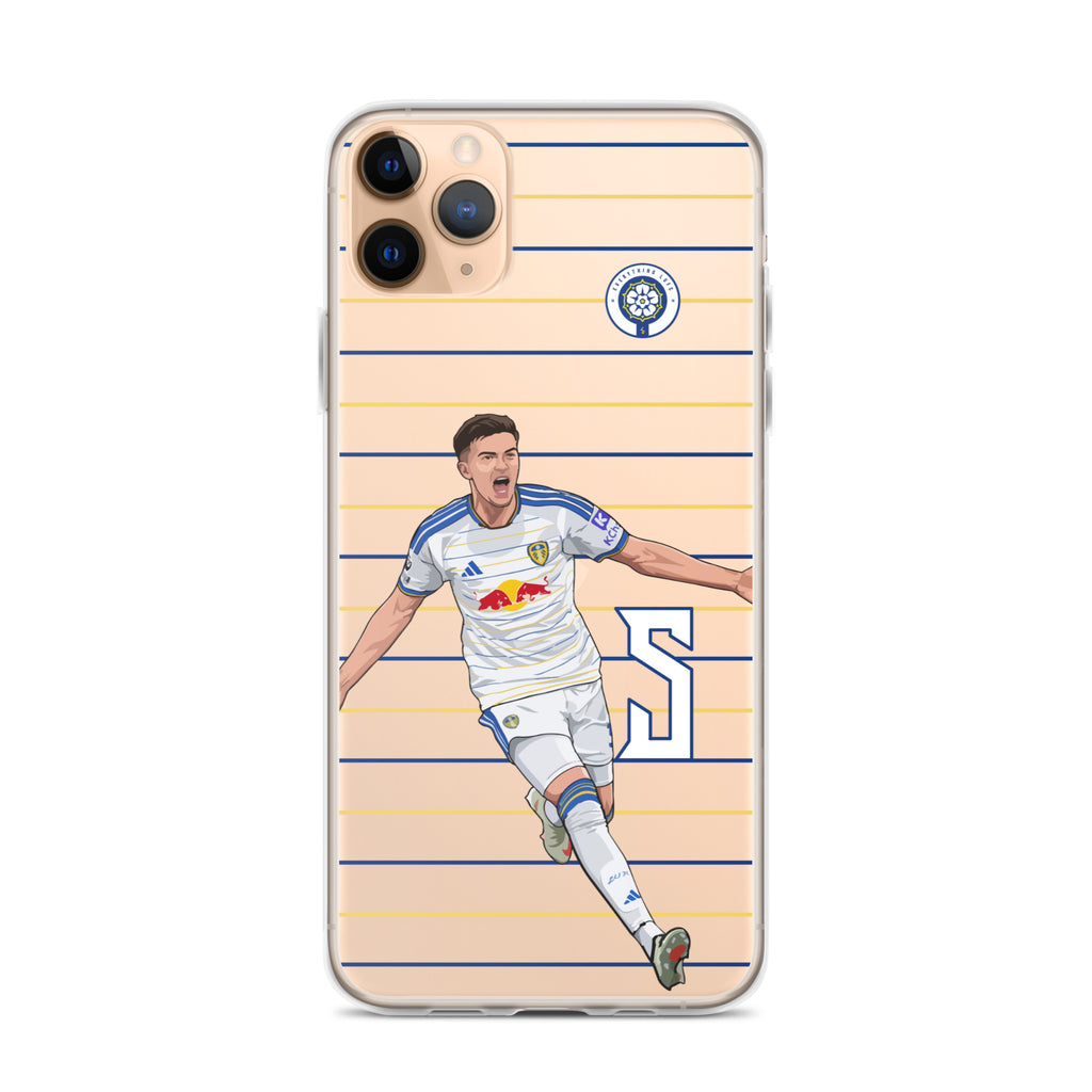 Clear iPhone case with soccer player graphic on light gold background and stripes