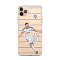 Clear iPhone case with soccer player graphic on light gold background and stripes