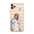 Clear iPhone case showing Okafor celebrating in white jersey over blue-and-gold stripes