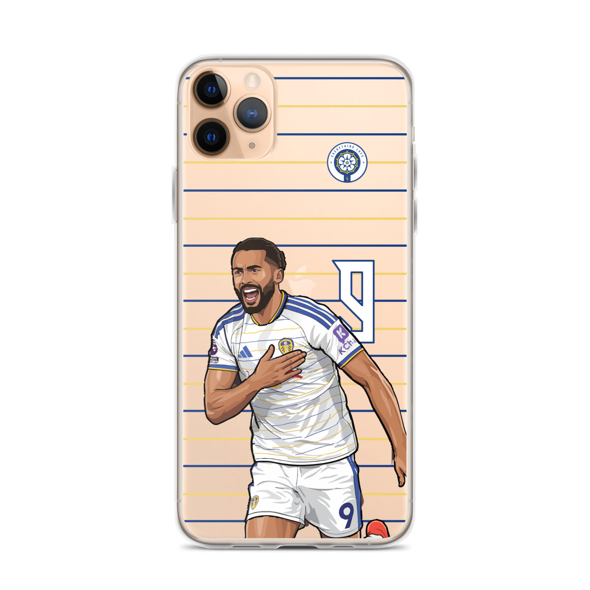 Clear iPhone case featuring Dominic Calvert-Lewin in white and blue stripes