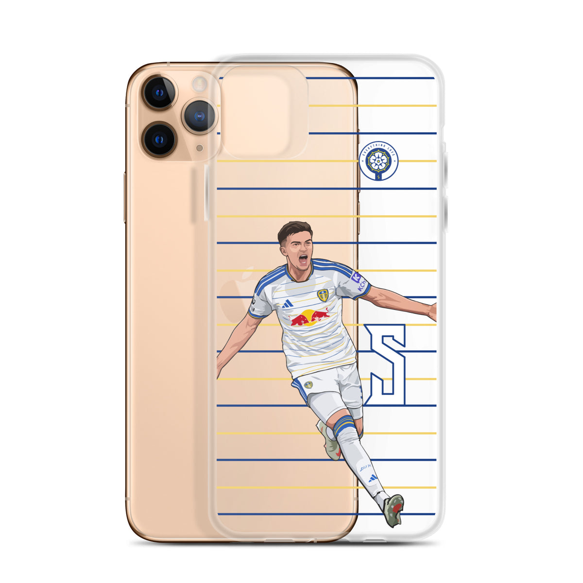 Clear iPhone case with light gold phone back; soccer player celebration graphic