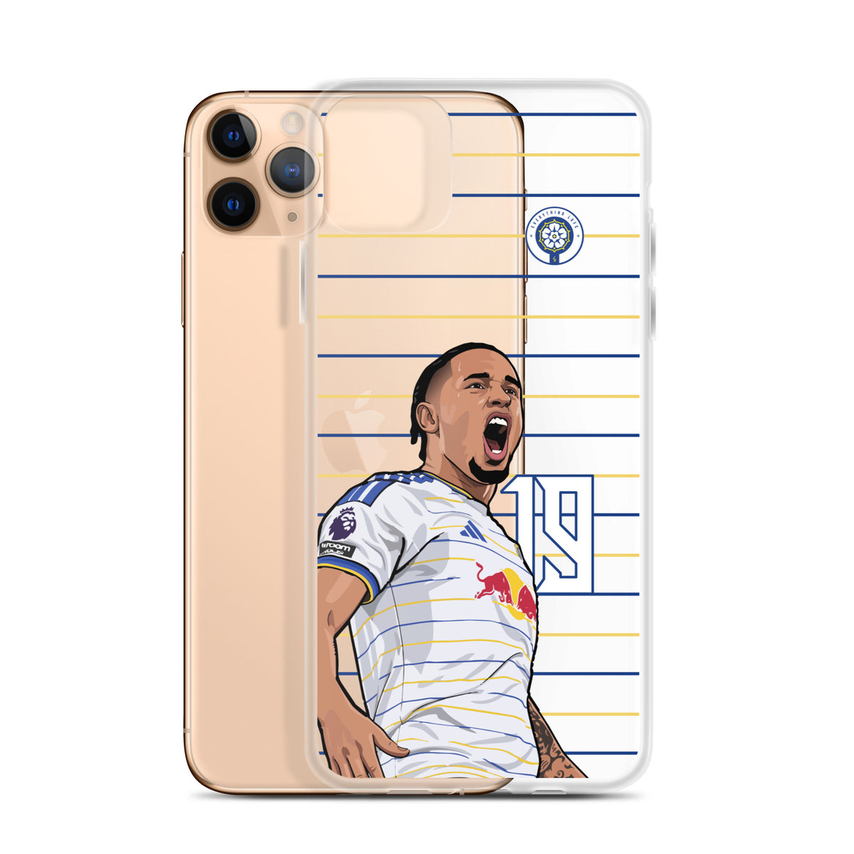 Clear iPhone case with Okafor graphic on white-and-blue striped background, player in pose