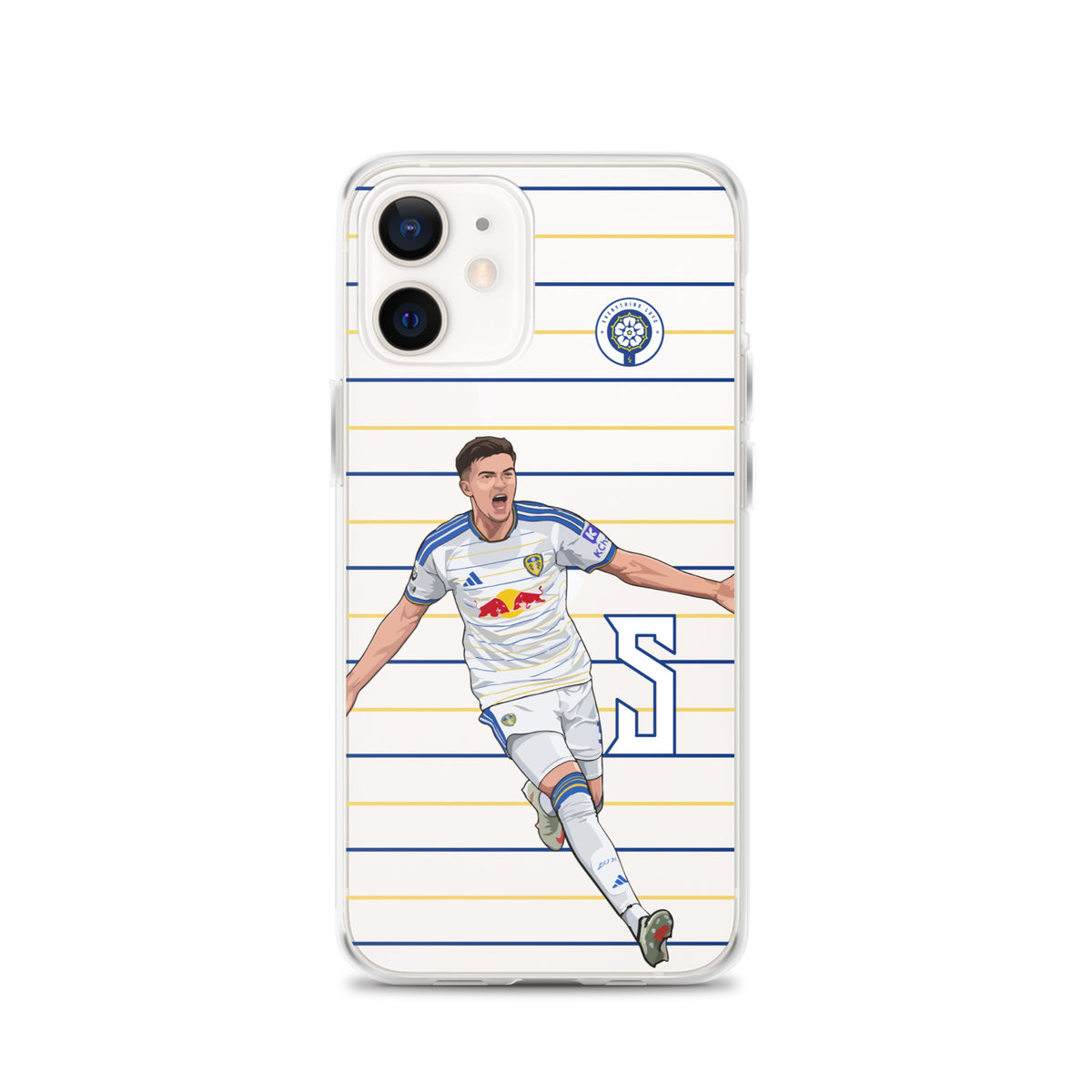 Clear iPhone case with running soccer player graphic, blue and gold stripes, club crest.