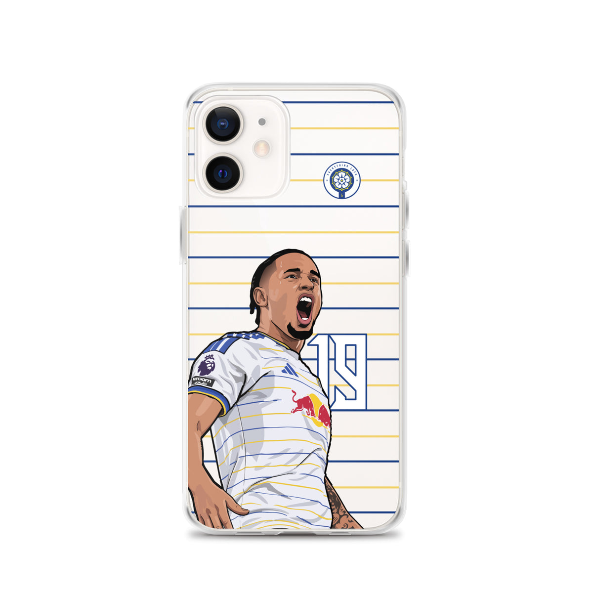 Clear iPhone case showing soccer player celebration illustration on blue-and-yellow stripes