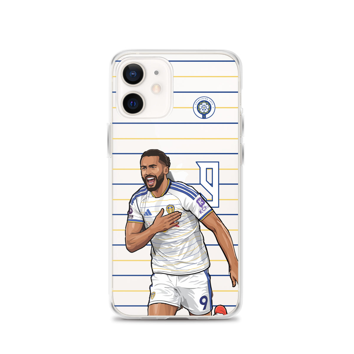 Clear iPhone case showing Dominic Calvert-Lewin celebration figure and club crest