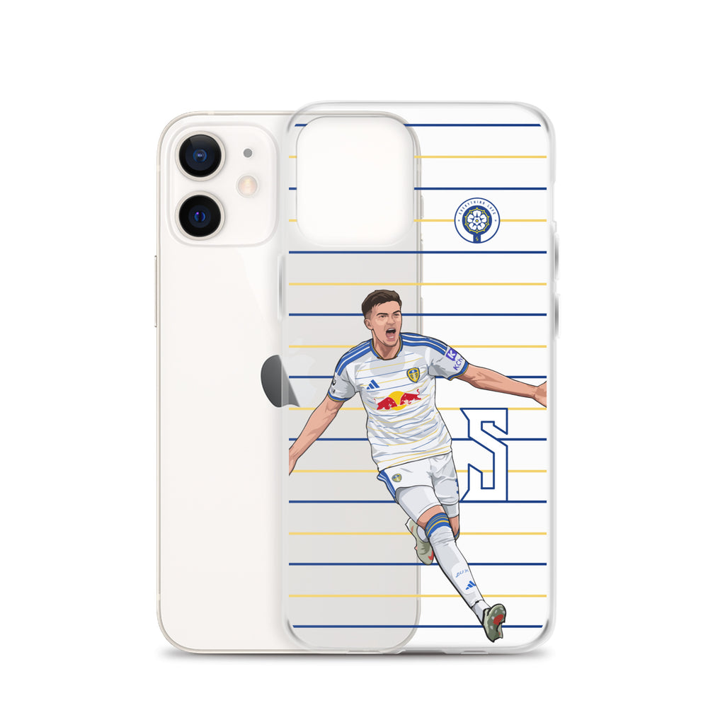 Clear iPhone case with full-body soccer player graphic, blue and gold stripes, crest logo.