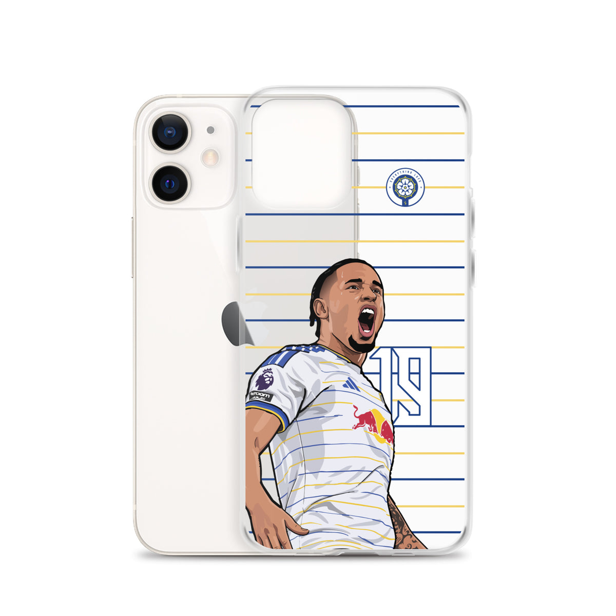Clear iPhone case with soccer player print, blue-and-yellow striped background, and badge