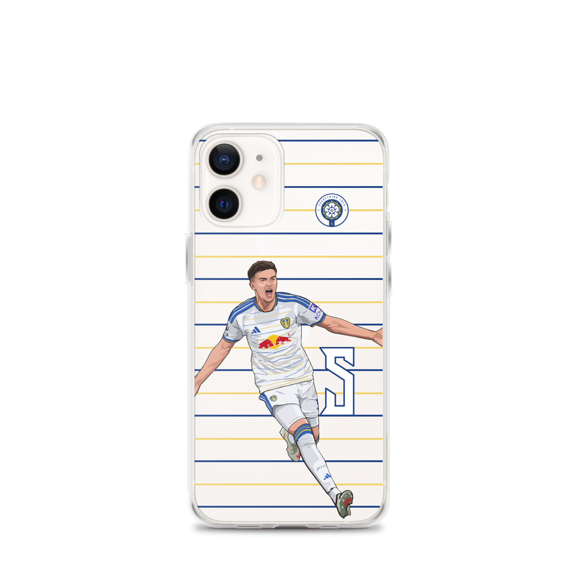 Clear iPhone case with centered soccer player graphic and blue-yellow stripe background