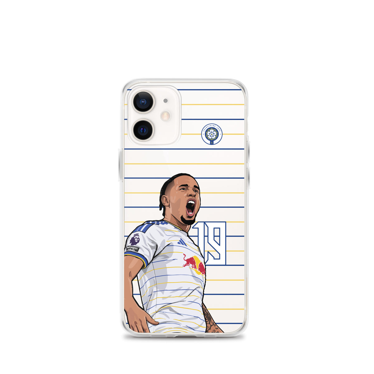 Clear iPhone case featuring Okafor in white jersey on blue-and-gold stripe print