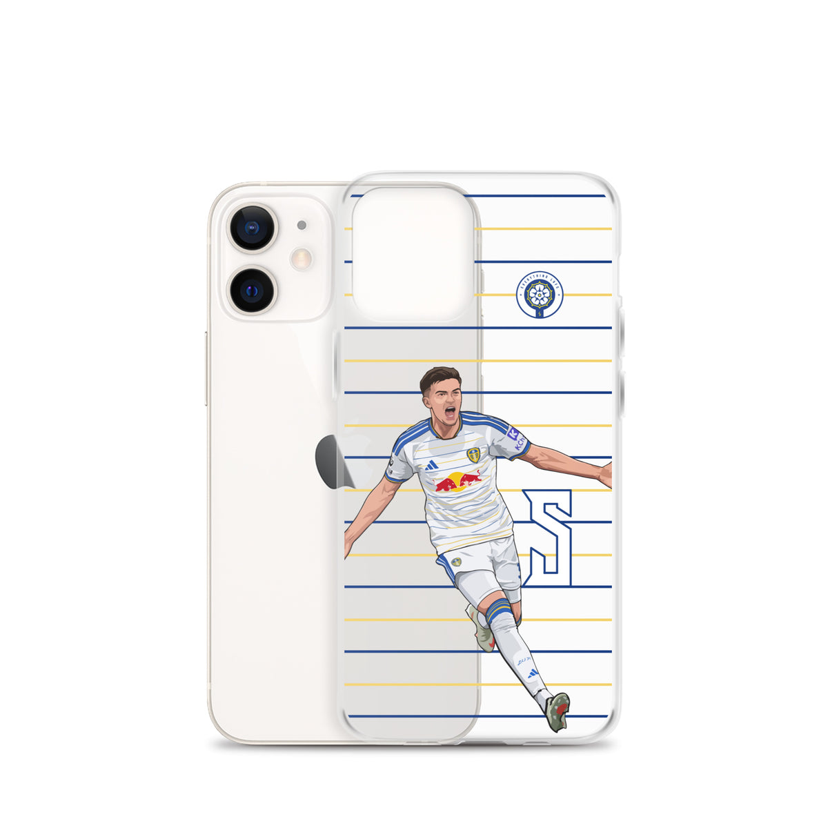 Clear iPhone case with phone back and soccer player graphic on blue-yellow stripes