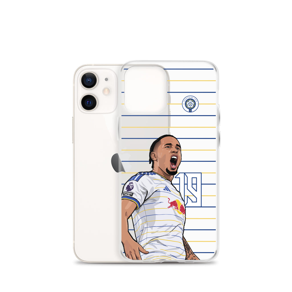 Clear iPhone case with Okafor artwork, player portrait and blue-and-gold striped design