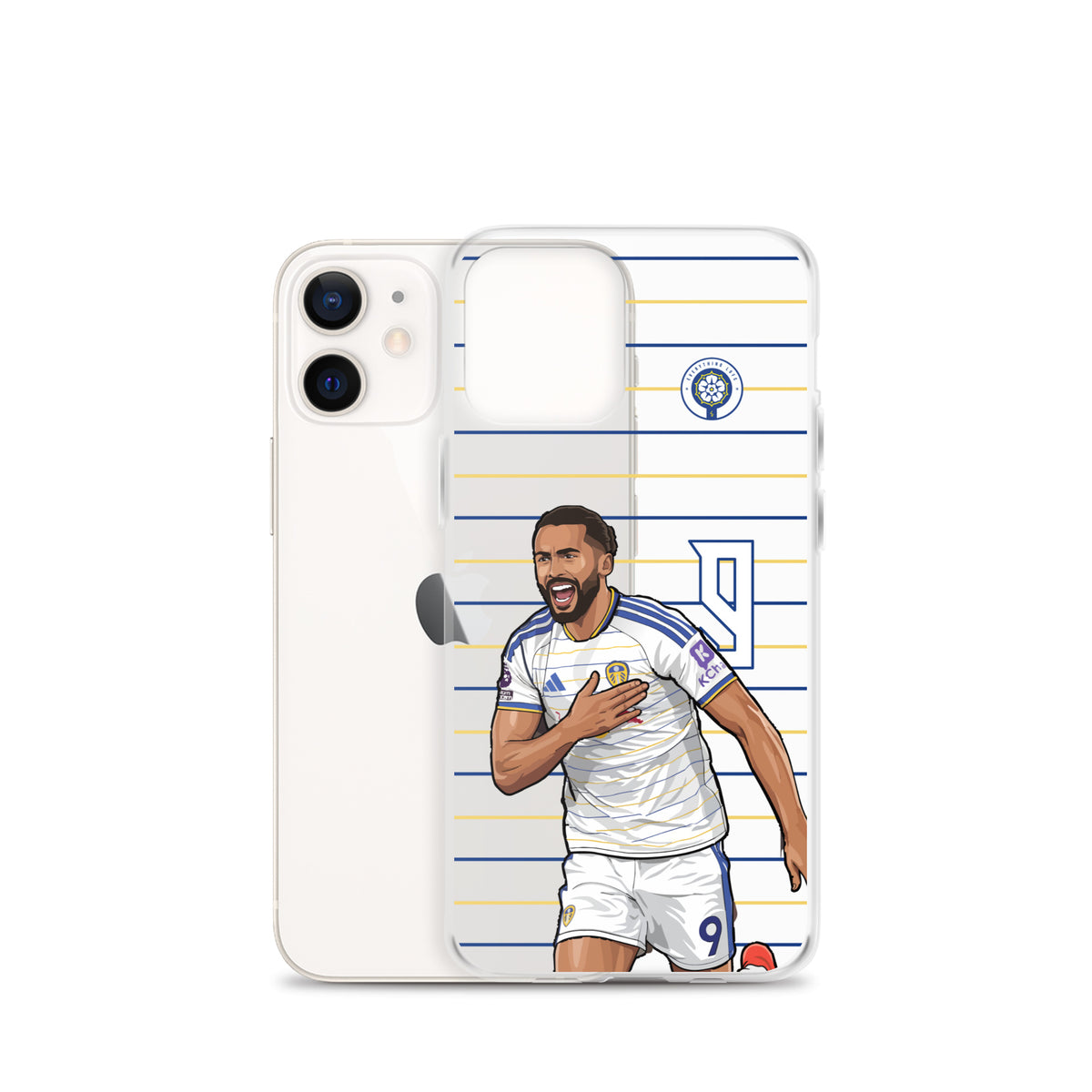 Clear iPhone case with Dominic Calvert-Lewin soccer celebration graphic
