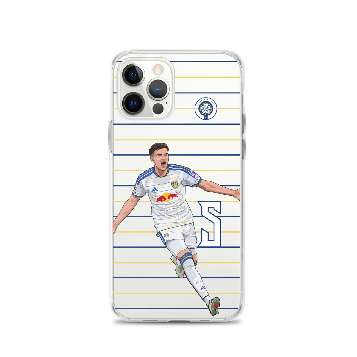 Clear iPhone case featuring a running soccer player illustration with blue and gold stripes.