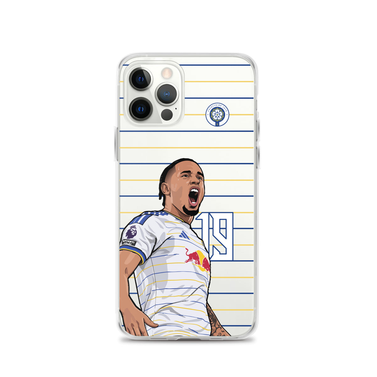 Clear iPhone case featuring a soccer player celebration print over blue-and-yellow stripes