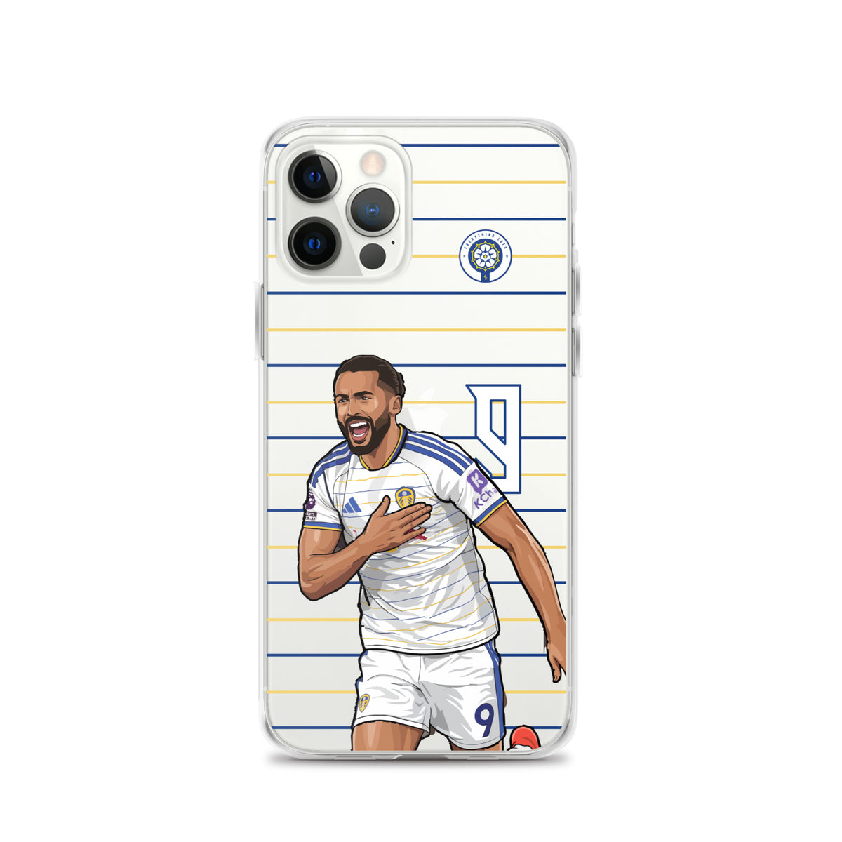 Clear iPhone case featuring Dominic Calvert-Lewin celebration graphic, front view