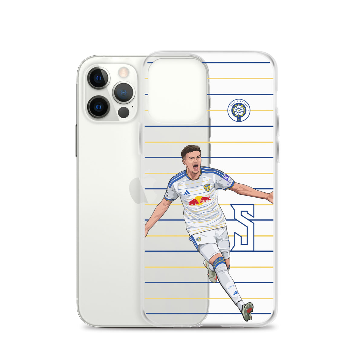 Clear iPhone case with soccer player artwork, club crest, and blue and gold horizontal stripes.