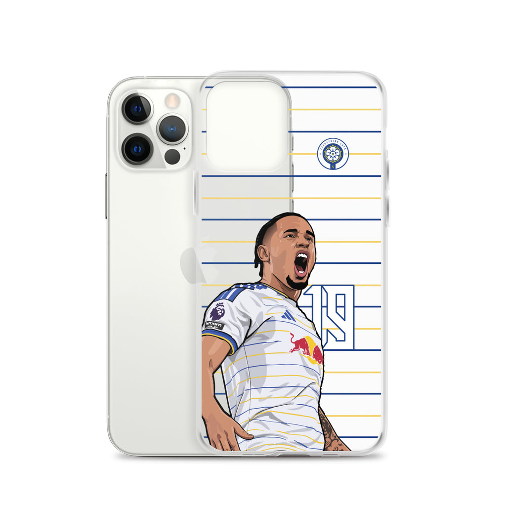 Clear iPhone case with soccer player graphic, blue-and-yellow stripes, and club badge