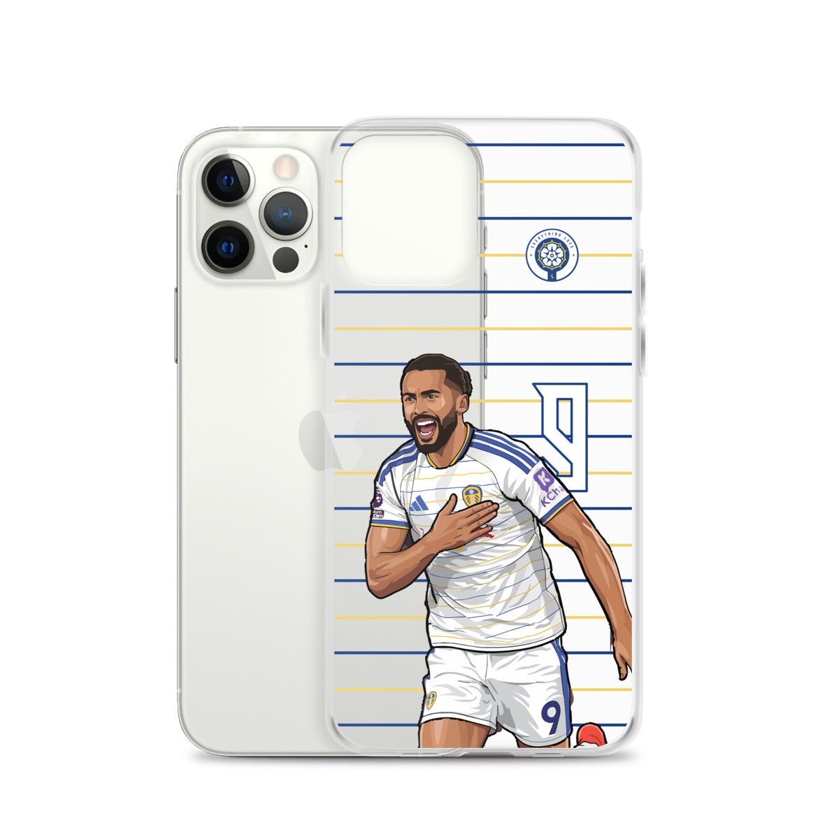 Clear iPhone case with Dominic Calvert-Lewin celebration graphic, includes raised camera cutouts