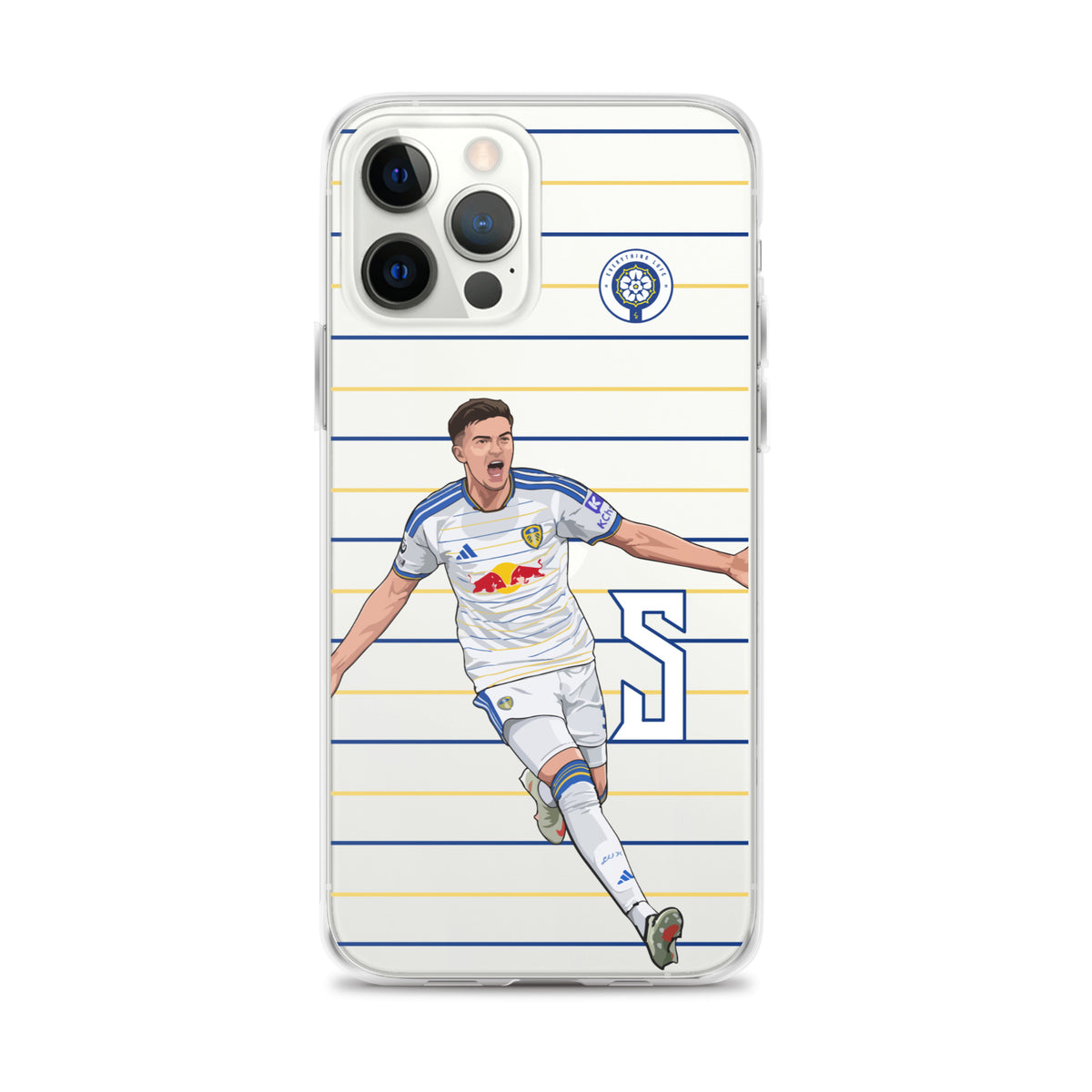 Clear iPhone case with soccer player running artwork, blue and gold stripes, crest emblem.