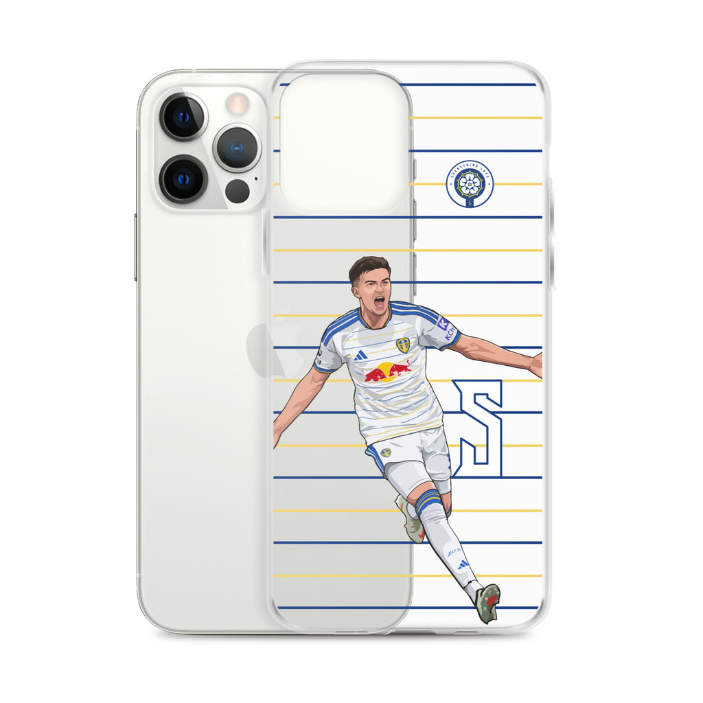 Clear iPhone case with soccer player graphic and crest, blue and gold stripe pattern.