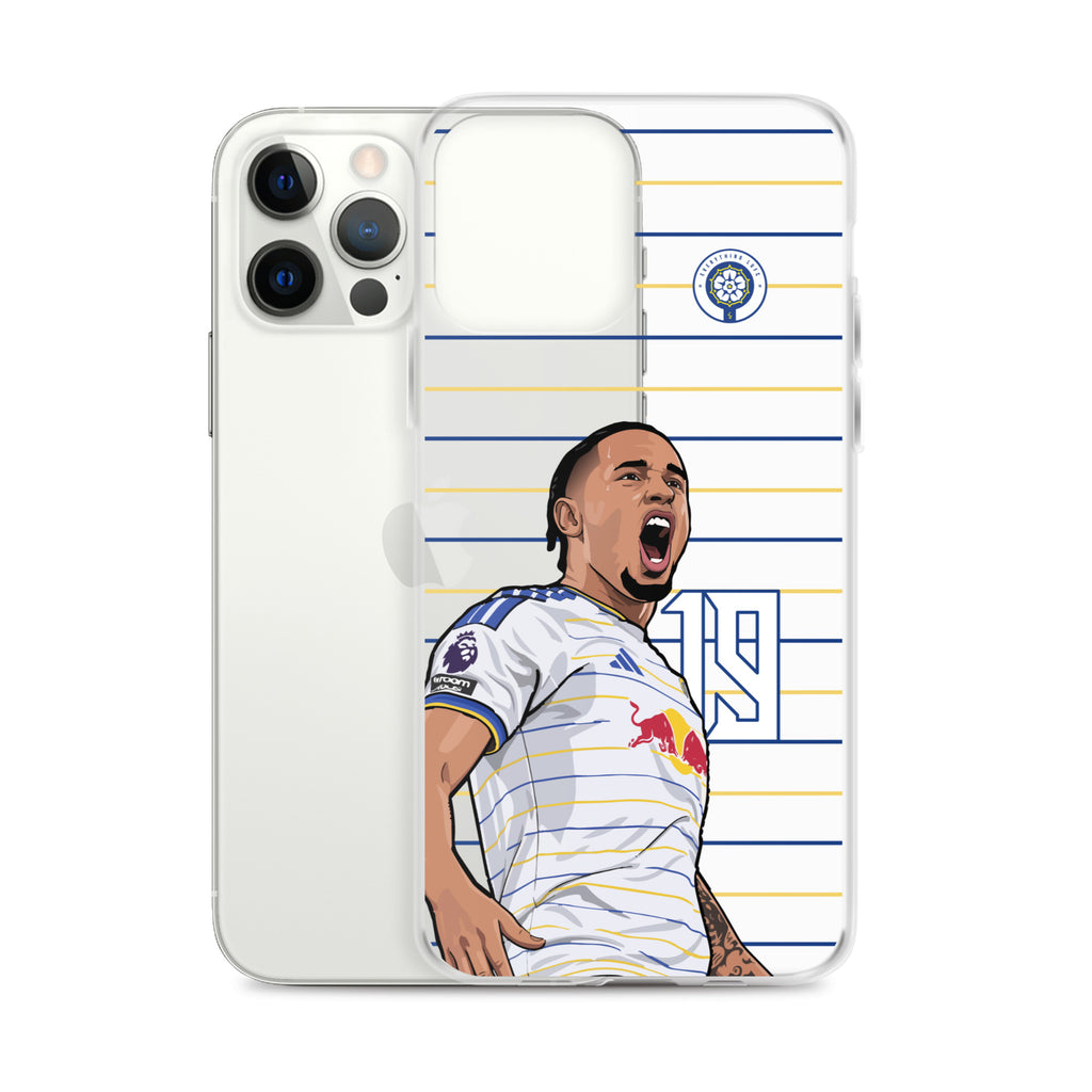 Clear iPhone case with soccer player celebration graphic and blue-and-yellow striped design
