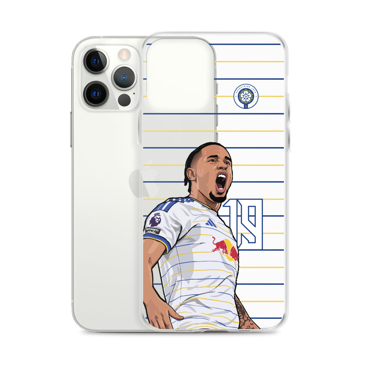 Clear iPhone case with soccer player celebration graphic and blue-and-yellow striped design