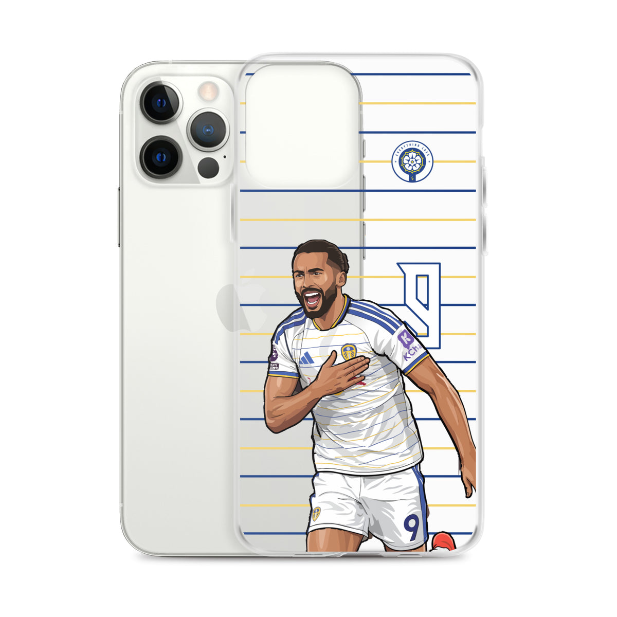 Clear iPhone case with Dominic Calvert-Lewin celebration graphic and blue-striped design