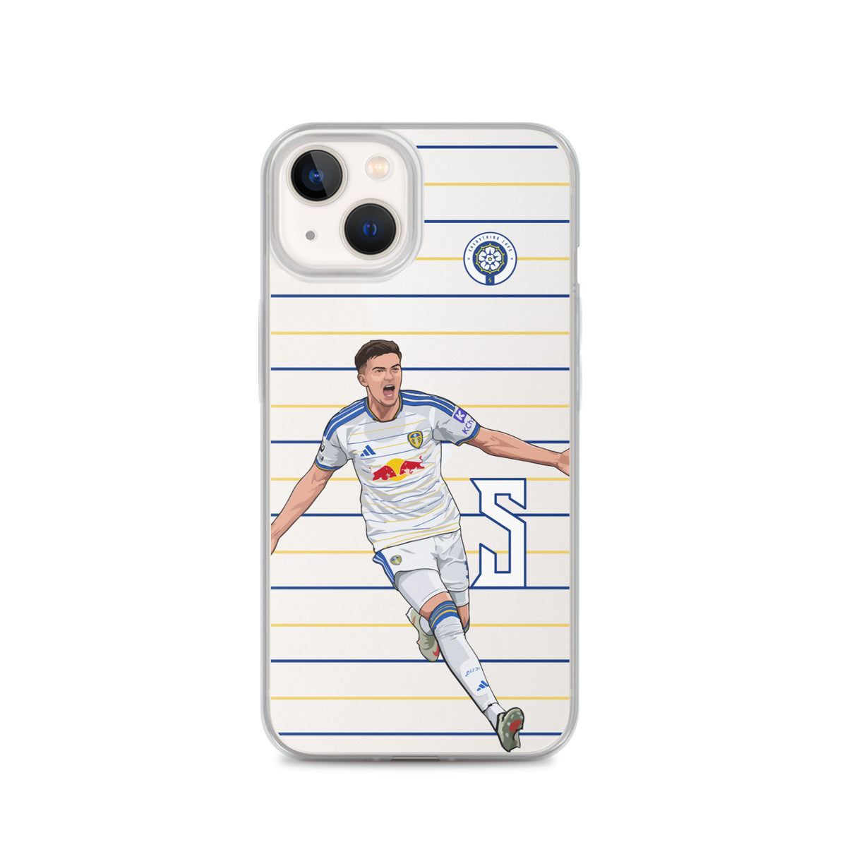 Clear iPhone case showing soccer player graphic, blue and gold stripes, small club crest.