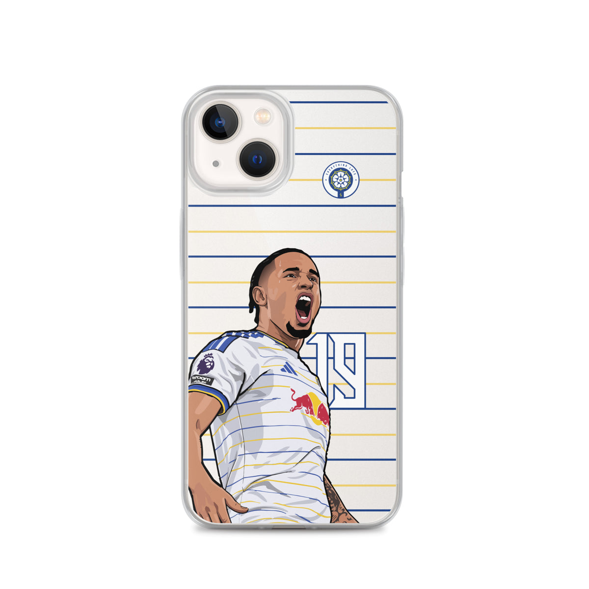 Clear iPhone case with Noah Okafor player illustration and blue-yellow horizontal stripes