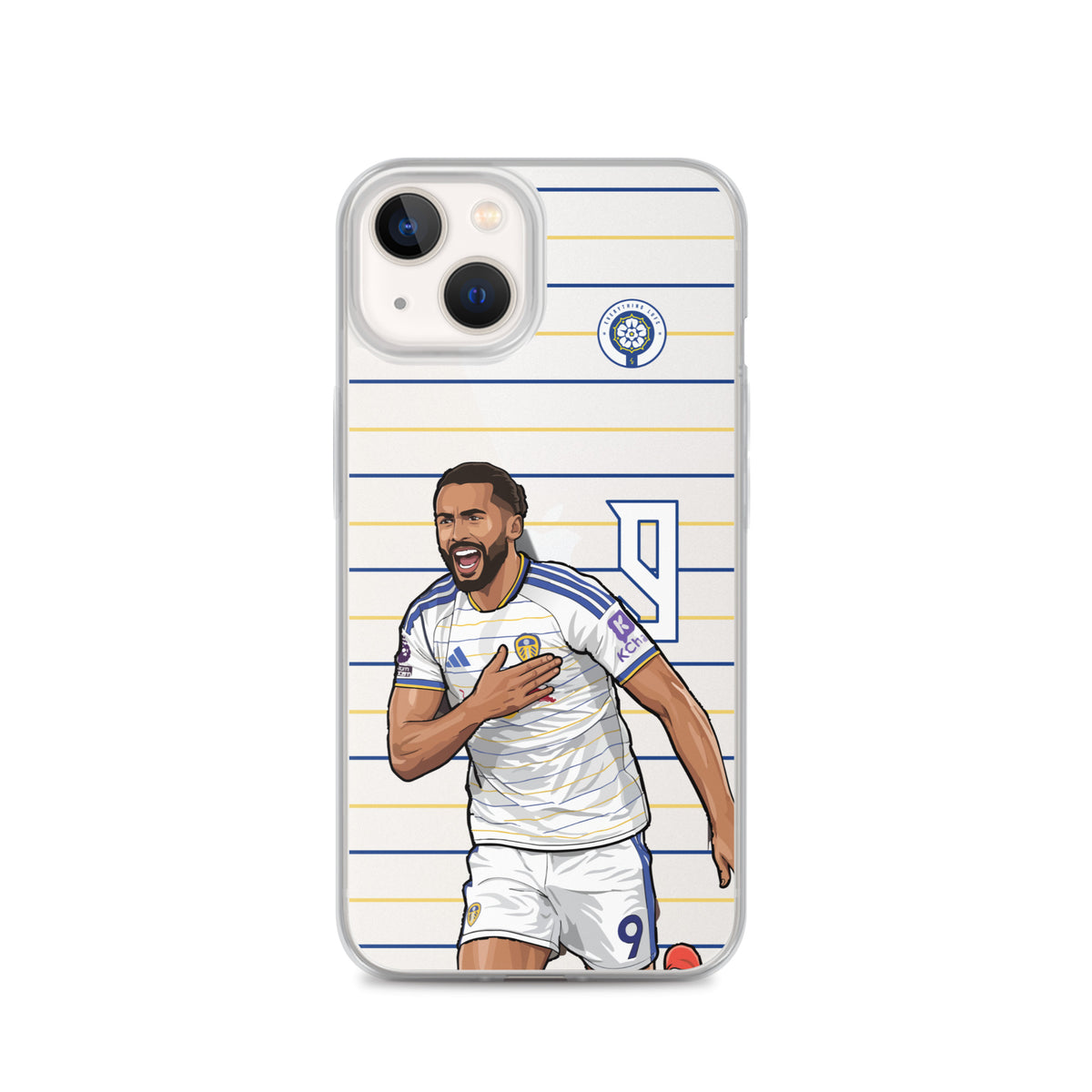 Clear iPhone case with Calvert-Lewin player artwork, blue/gold horizontal stripes, crest.