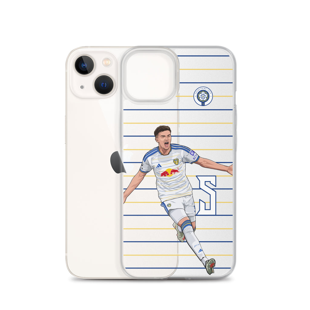 Clear iPhone case with soccer player artwork, crest badge, blue and gold stripe background.