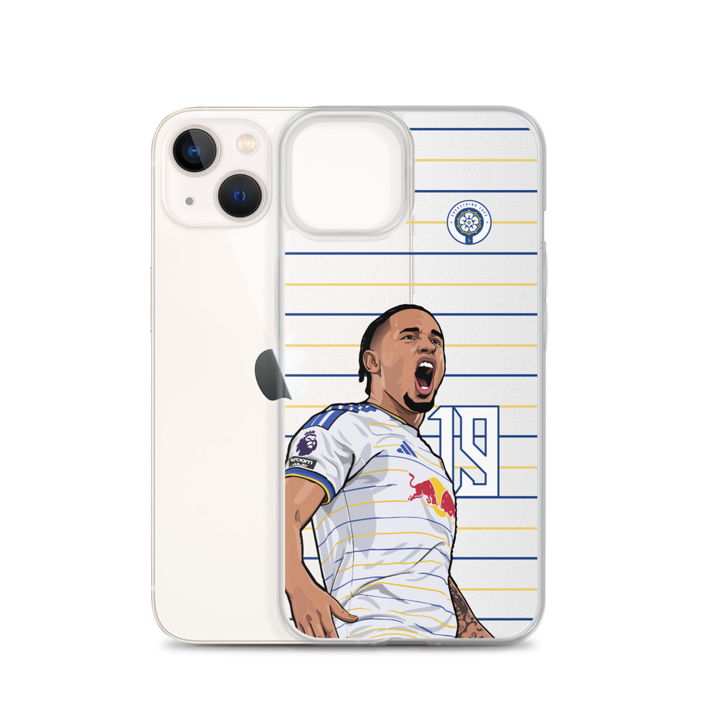 Clear iPhone case with transparent design showing Noah Okafor artwork on striped background