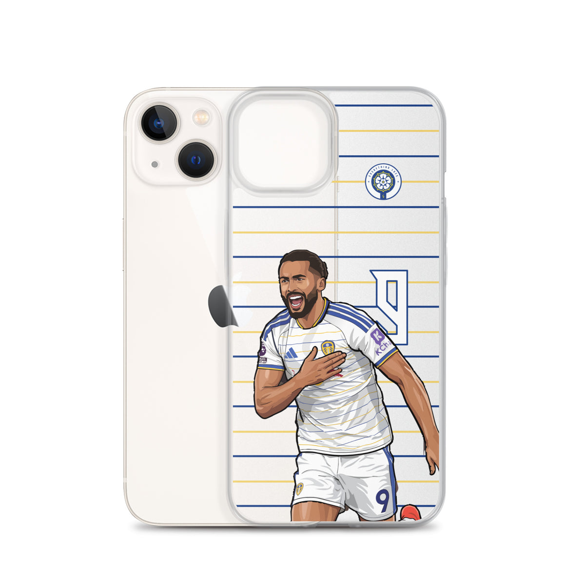 Clear iPhone case showing player graphic on striped background, with shield crest.