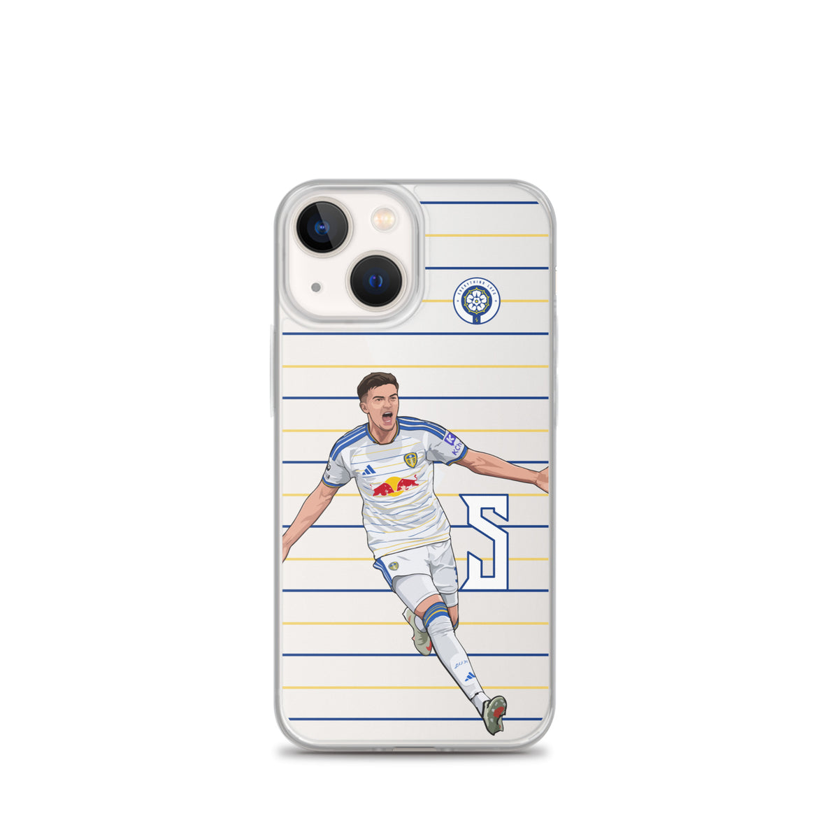 Clear iPhone case with running soccer player illustration, blue and gold stripes, crest.