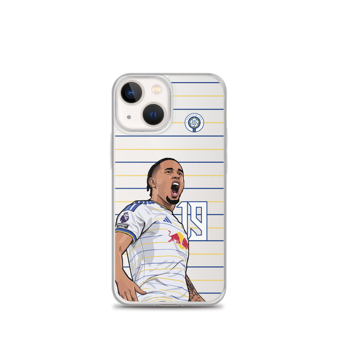 Clear iPhone case with soccer player celebration artwork and blue-and-yellow striped pattern