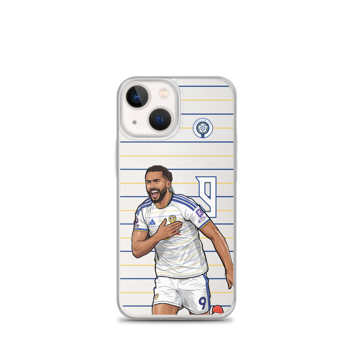 Clear iPhone case with Dominic Calvert-Lewin celebration design, vertical front angle