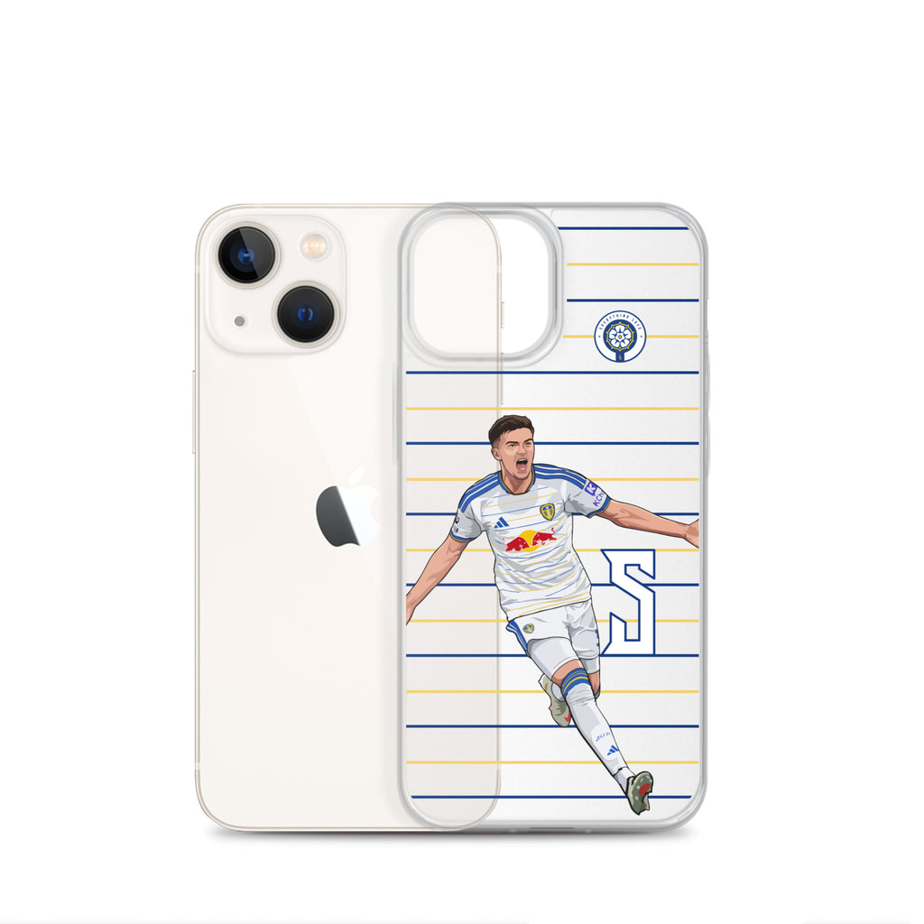 Clear iPhone case with soccer player graphic, club crest, and blue and gold stripe pattern.