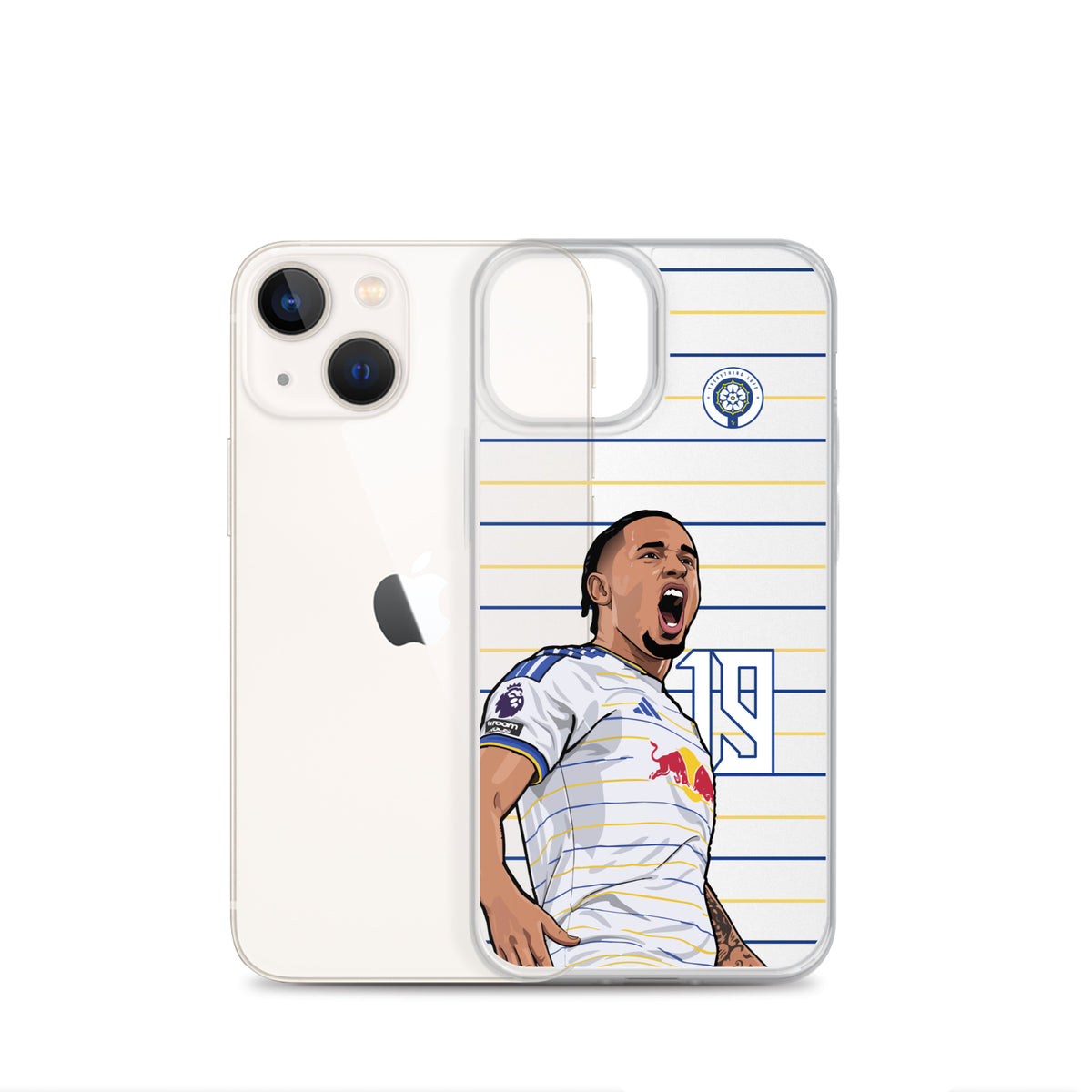 Clear iPhone case with soccer player graphic, club badge, and blue-and-yellow stripes