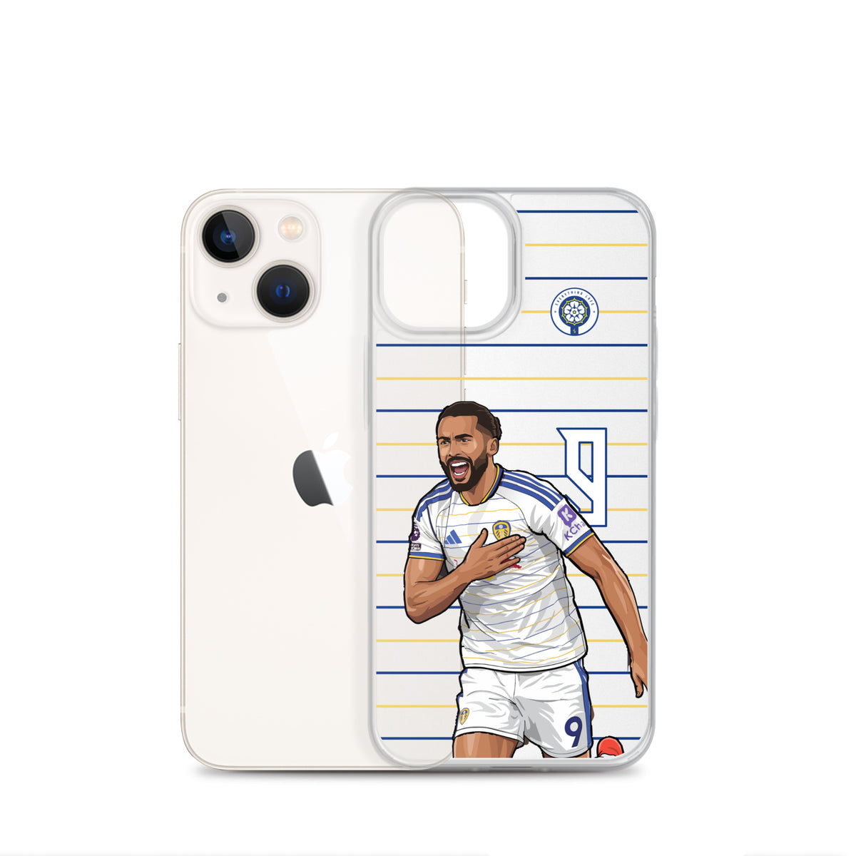 Clear iPhone case with Dominic Calvert-Lewin graphic and open, raised case outline